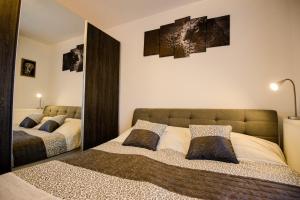 sypialnia z 2 łóżkami i dużym lustrem w obiekcie Beatrice Apartments w Braszowie