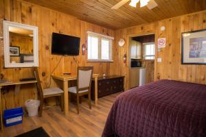 een slaapkamer met een bed, een bureau en een televisie bij North Rustico Motel & Cottages in North Rustico