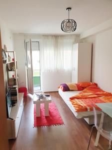 a bedroom with a bed and a red rug at Stan na dan Loznica in Loznica