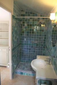 y baño de azulejos azules con lavabo y ducha. en le bien placé en Salernes