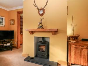 a living room with a fireplace and a tv at 1 The Cross in Dunkeld