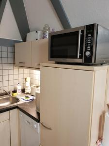 a microwave on top of a refrigerator in a kitchen at Ferienhaus 55 im Seepark Kirchheim in Kirchheim