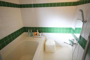 a green and white bathroom with a tub and a toilet at kODATEL コダテル 函館シーサイド in Hakodate +13 photos