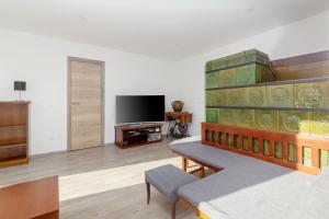 ein Wohnzimmer mit einem Sofa und einem TV in der Unterkunft Old Mill House in Bohinj
