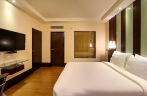 a hotel room with a bed and a television at Radisson Blu Hotel Chennai City Centre in Chennai