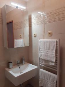 uma casa de banho com lavatório, espelho e toalhas em VILLA VOLOSKO with private parking and breakfast,seaview em Volosko