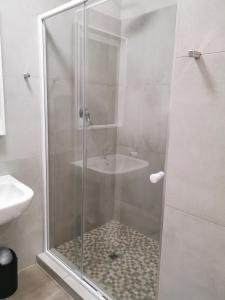 een douche met een wastafel en een glazen douchedeur bij Rosedene in Bloemfontein