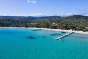 an aerial view of a beach with a dock at Costa Nera Beach House in Porto-Vecchio