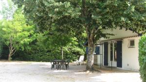 a table and chairs under a tree next to a building at les tilleuls in Léon