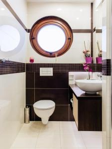 łazienka z toaletą, umywalką i oknem w obiekcie Apartamenty Sienkiewicza 12 w Zakopanem