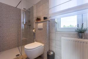 a bathroom with a toilet and a glass shower at Pansion Tina in Šilo