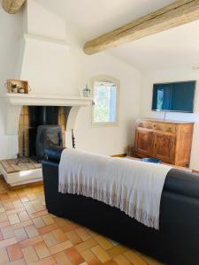 a living room with a couch and a fireplace at Maison La Plaine in Lourmarin