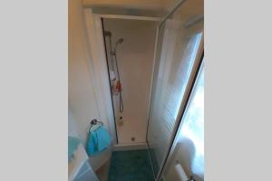 eine Dusche mit Glastür im Badezimmer in der Unterkunft Kimberley Lane Static, Cornwall in Gwennap + 17 Fotos