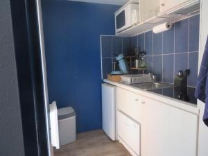 - une cuisine bleue avec un lavabo et des toilettes dans l'établissement Appartement village 9 en résidence de vacances en Camargue, à Arles