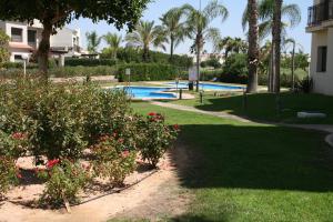 un patio del complejo con piscina y palmeras en Roda Golf & Beach Resort, Murcia en San Javier