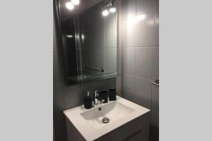 a bathroom with a white sink and a mirror at Gîte Ste Cécile plage in Camiers