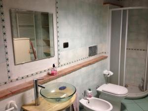 a bathroom with a sink and a toilet and a mirror at Alba Raimondo House in Santa Vittoria dʼAlba