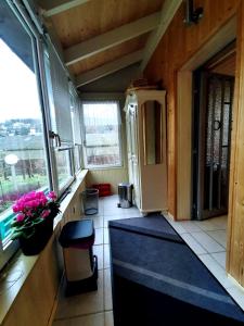 Zimmer mit einer Veranda mit Blumen am Fenster in der Unterkunft Ferienwohnung Lilly in Büdingen