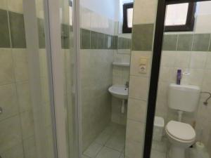 a small bathroom with a toilet and a shower at Vadszőlő Szálló és Étterem Bakonybél in Bakonybél