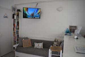 a living room with a couch and a tv on a wall at Zacharakis Studios in Kamari