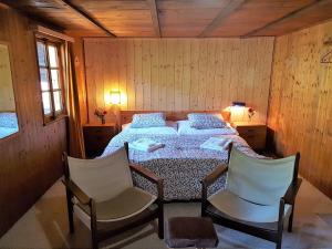 a bedroom with a bed and two chairs in it at Le Mazot in Troistorrents