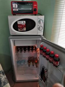 a microwave oven sitting on top of a refrigerator at Villa Catalina Bora 3 Resort in Nabas