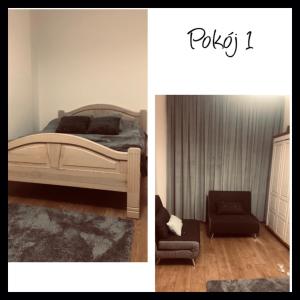 2 Bilder eines Schlafzimmers mit einem Bett und einem Stuhl in der Unterkunft Mazurska in Barczewo