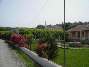 a fence in front of a yard with pink flowers at Nikos Apartments in Acharavi