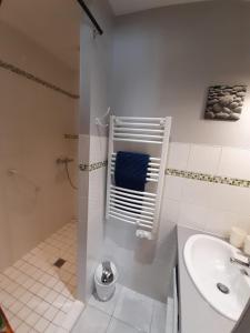 biała łazienka z umywalką i toaletą w obiekcie Chambre d'hôte La Voilerie du Cher w mieście Saint-Georges-sur-Cher