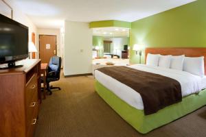 a hotel room with a bed and a television at AmericInn by Wyndham Thief River Falls in Thief River Falls