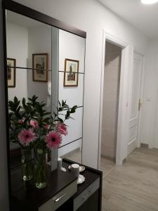 uma casa de banho com um espelho e um vaso de flores sobre uma mesa em A Barciela (camino ingles) em Santiago de Compostela