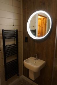 a bathroom with a sink and a mirror at Cosy Rowan woodland lodge no3 in Killin