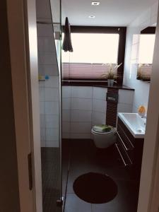 een badkamer met een toilet en een glazen douche bij Ferienwohnung Reichelt in Neuwinsen