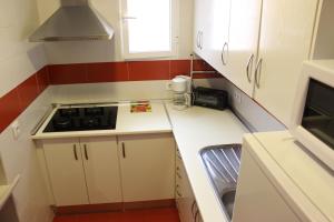 a small kitchen with a stove and a sink at Apartamentos Nundinae in Mérida