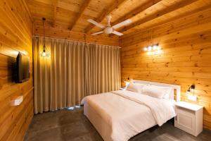 1 dormitorio con 1 cama y ventilador de techo en Buena Vida Beach Resort, en Morjim