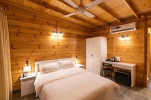 Schlafzimmer mit Holzwänden, einem Bett und einem Schreibtisch in der Unterkunft Buena Vida Beach Resort in Morjim