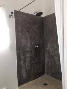 La salle de bains est pourvue d'une douche et d'un mur en pierre. dans l'établissement La Bergerie Pradel, à Le Beaucet