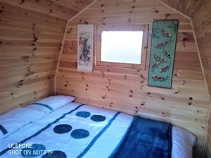 Rum Bridge 'Hazels' Pet Friendly Glamping Pod tesisinde bir odada yatak veya yataklar