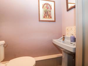 ein Badezimmer mit einer weißen Toilette und einem Waschbecken in der Unterkunft Old Cary Cottage in Langport + 25 Fotos