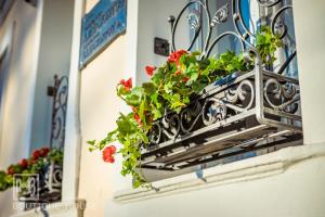 a flower planter on a wall with red flowers at No13 Boutique House in Burgas City