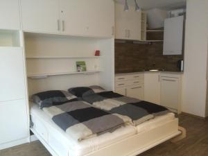 a bedroom with a bed and a kitchen with white cabinets at Ferienwohnungen Wagner am Brombachsee in Pleinfeld +25 photos