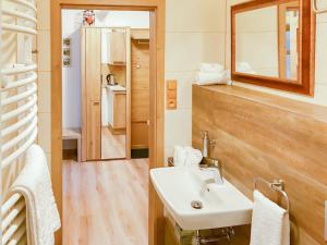 a bathroom with a sink and a mirror at Golden Wood Apartments in Pilsen