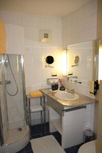 ein Bad mit einem Waschbecken, einer Dusche und einem WC in der Unterkunft Hotel Lang in Leibnitz