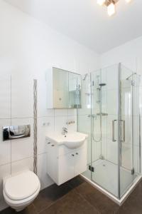 a bathroom with a toilet and a sink and a shower at Ferienwohnung Petersberg in Erfurt