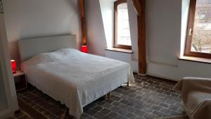 a bedroom with a white bed and two windows at Le P'tit Pouilly du Val de Loire en Bourgogne ! in Pouilly-sur-Loire