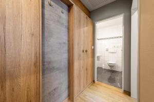 a bathroom with a toilet and a wooden door at Hotel Diana in Bad Bentheim +22 photos