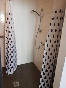 a bathroom with a shower with black and white curtains at The Romantic Waterloo Lion's suite in Braine-lʼAlleud