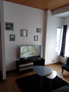 een woonkamer met een flatscreen-tv en een stoel bij Passionné de la plage in Duinkerke
