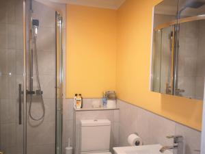 Un baño con ducha, inodoro y lavabo. en Heritage City - Central York Place Apt, en Edimburgo
