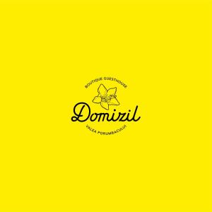 a yellow background with a domini logo on it at Boutique Guesthouse „Domizil“, Valea Porumbacului in Porumbacu de Sus